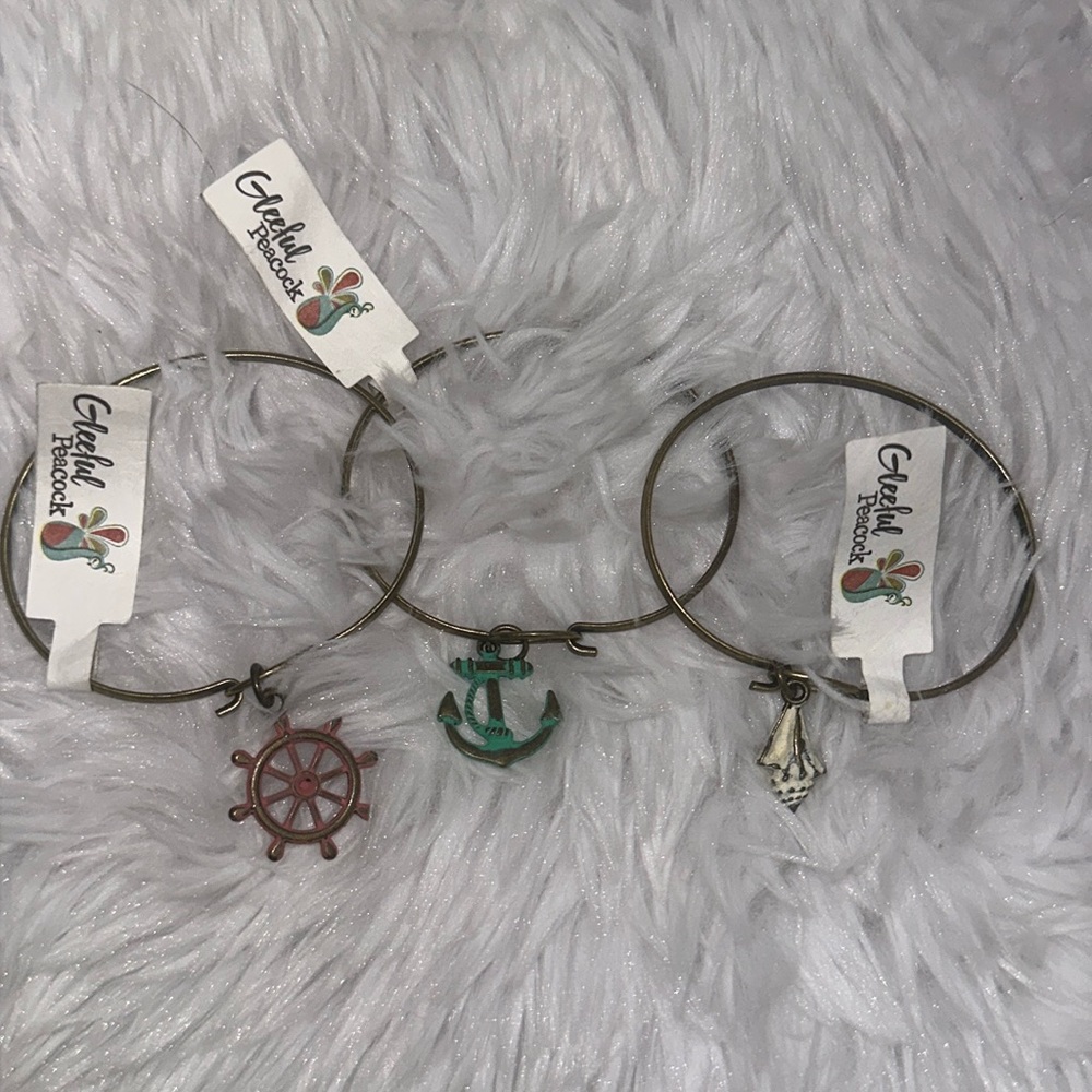 Hand Painted Charm Bracelet Anchor Ship Wheel The Helm Sea Shell Nautical NWT